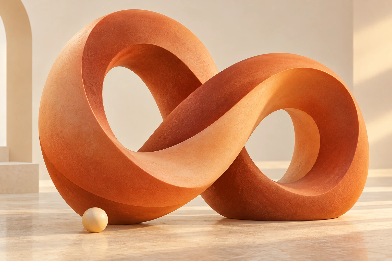 Sculpture terracotta aux formes entrelacées, dans une lumière chaude et naturelle